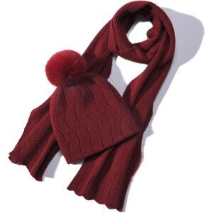 Women Hat Scarf Set Wool Blend Winter Beanie & Long Scarf Cold Weather Red